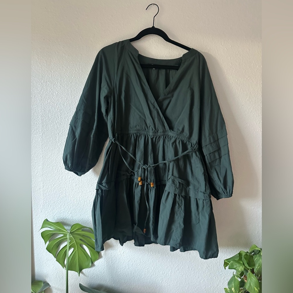 Dark Green V-Neck Tiered Wrap Dress